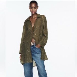 Zara Size medium olive Green Sequin Button Down tunic shirt